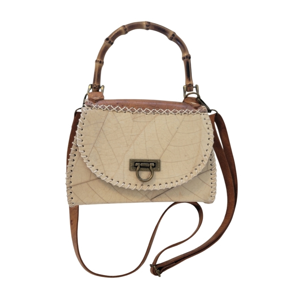 HANDMADE New Fossilized Cacao Leaves Bamboo Cream Brown  Crossbody Bag Leather